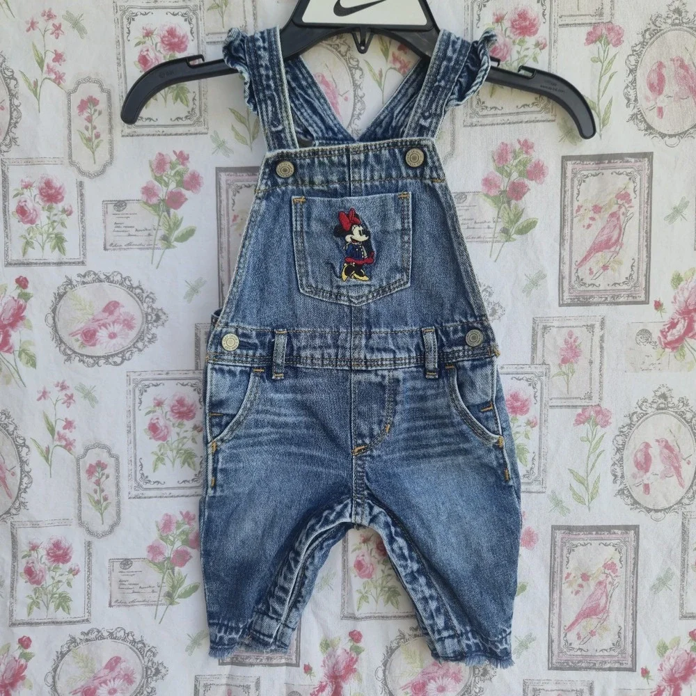 Gap X Disney Minnie Mouse Denim Overalls Girls Sz 6-12 Months Ruffle Embroidered